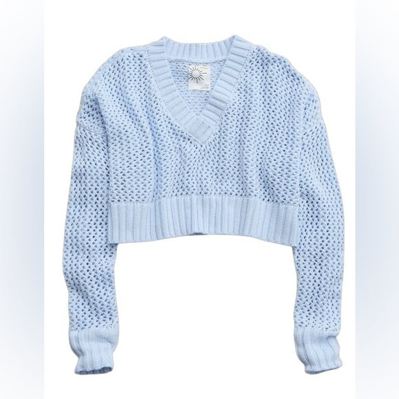 Aerie Offline Crochet V Neck Cropped Light Blue Sweater Sz S - Picture 2 of 8